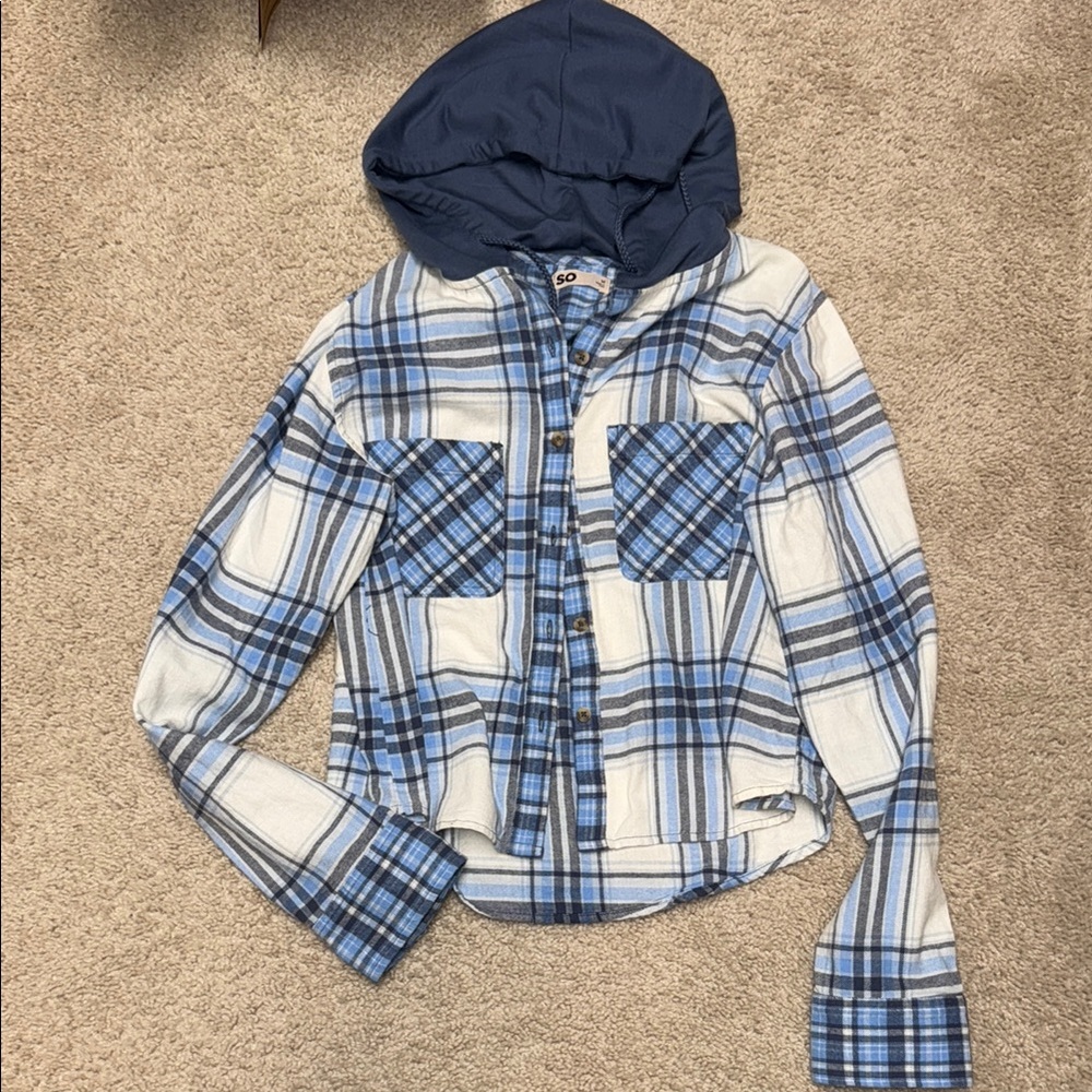 Blue Plaid Kids Hooded Shirt